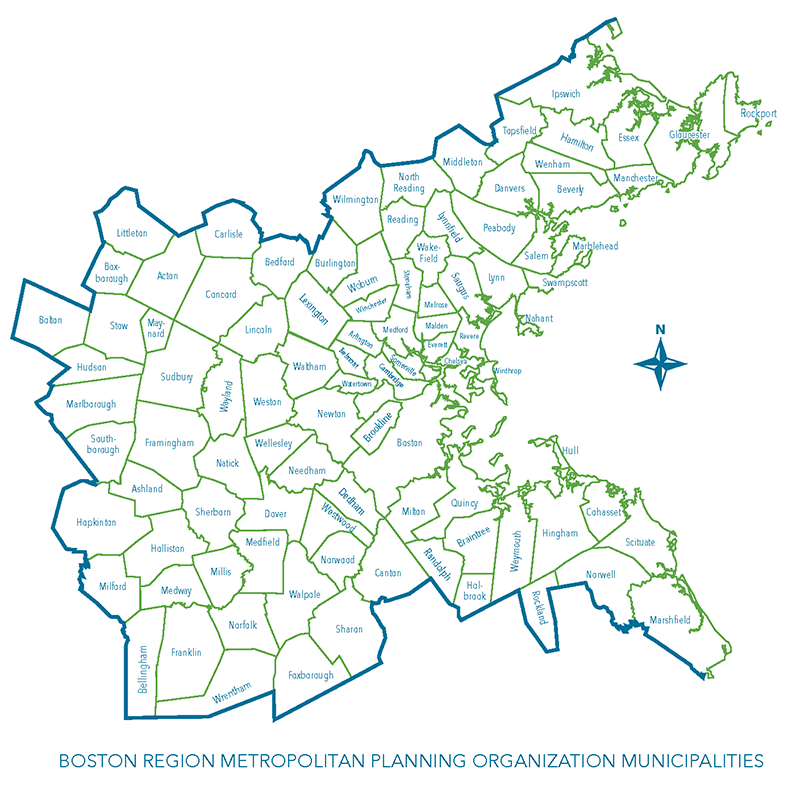 Figure ES-1 is a map that shows the municipalities in the Boston MPO region.